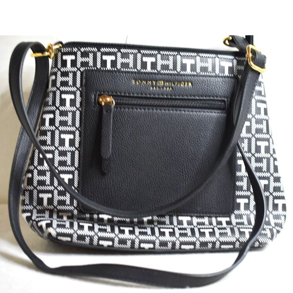 TH Tommy Hilfiger Monogram Jarcquard Black/White Red Accents Crossbody Bag Purse